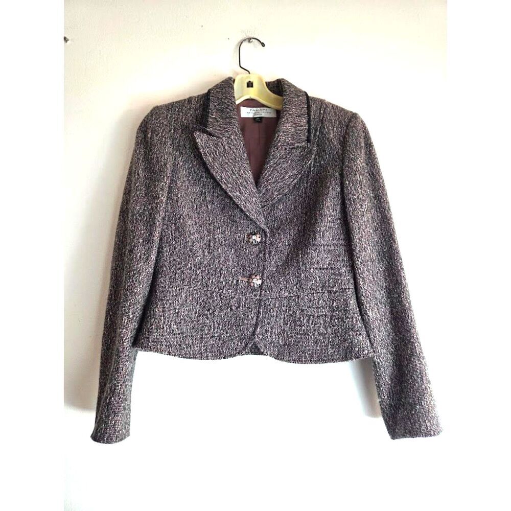 Tahari Brown w/Black Lace Trim Tweed  Wool Blend Single Breasted Blazer size 4P